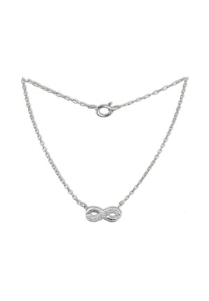 Silver infinity necklace featuring a delicate chain and a central infinity symbol adorned with clear gemstones for added sparkle.