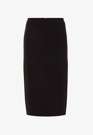 Crna suknja do koljena, prilagođena, izrađena od rastezljivog materijala s glatkom teksturom. Ima prorez straga i čiste šavove za uredan izgled.