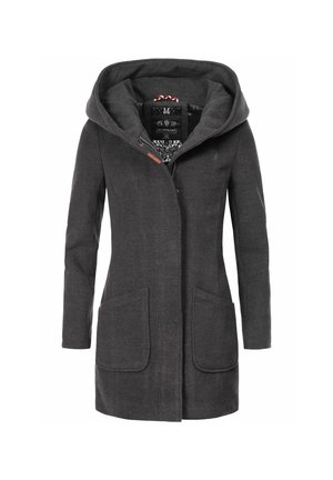 Grå uldfrakke med hætte, frontknapper og to store sidelommer. Har et mønstrede foer og læderdetaljer.