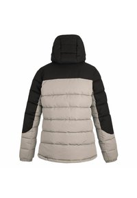 Veste d'hiver matelassée avec partie supérieure noire et capuche, bas du corps et manches gris clair matelassés, vue de dos sur fond blanc.