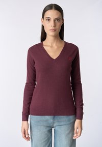Maglione bordeaux a scollo a V in morbido tessuto, con maniche lunghe e orlo a coste. Piccolo logo ricamato sul lato sinistro del petto.