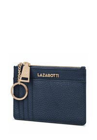 Portafoglio per carte in pelle blu navy con hardware dorato, attacco per portachiavi, slot per più carte e un compartimento con zip.