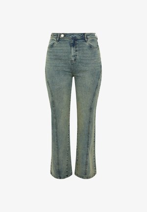 Hoch taillierte, ausgewaschene blaue Jeans aus Denim mit Fronttaschen und ausgestellten Beinen, mit sichtbaren Nähten entlang der Seiten und Nähte.