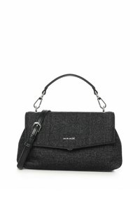 Borsa a mano in tessuto nero con design strutturato, dotata di manico superiore e tracolla regolabile, logo impressa e accessori in argento.