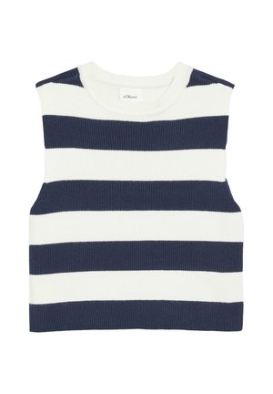 Haut tricoté sans manches à larges rayures horizontales bleu marine et blanches avec un col rond.