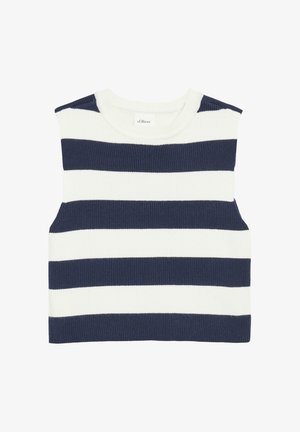Ärmelloses, gestricktes Top mit breiten, horizontalen dunkelblauen und weißen Streifen und rundem Halsausschnitt.