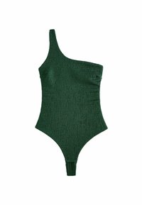 Vienpusīgs zaļš peldkostīms ar teksturētu audumu, ar ruched dizainu un minimālu segumu aizmugurē. Gluda apdare un elastīgs materiāls.