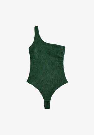 Jednolesklý zelený plavecký úbor s texturovanou tkaninou, který má řasený design a minimální pokrytí vzadu. Hladký povrch a pružný materiál.