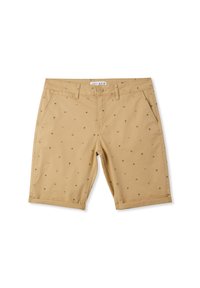 Pantaloni corti color khaki con piccoli motivi di palme nere e triangoli. Realizzati in materiale di cotone, presentano una vita standard e orli arrotolati.
