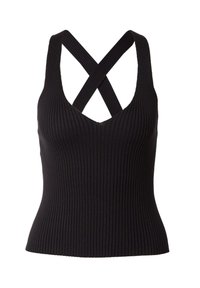 Schwarzes geripptes Tanktop mit tiefem V-Ausschnitt und gekreuzten Schulterträgern. Figurbetonte Silhouette und strukturierter Stoff. Keine zusätzlichen Muster oder Akzente.