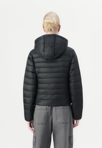 Svart puffjakke med horisontal quilt, hette og elastiske ermer. Jevn, blank overflate; kort design sett fra baksiden.