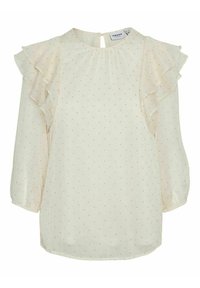 Off-white bluse med volangærmer, rund halsudskæring og nøglehul i ryggen. Har små, metalliske guldprikker over det hele. Letvægtsmateriale.