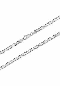 Bracciale in argento con anelli ovali, dotato di un sicuro gancio a moschettone. La finitura liscia e la texture lucida accentuano la sua qualità riflettente.