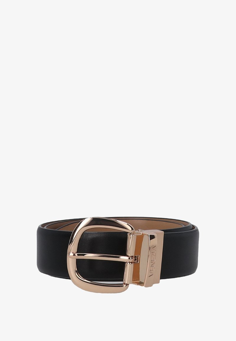 Ceinture en cuir noir avec une boucle en métal doré brillant de forme rectangulaire et logo gravé. L'intérieur est beige, offrant un contraste.