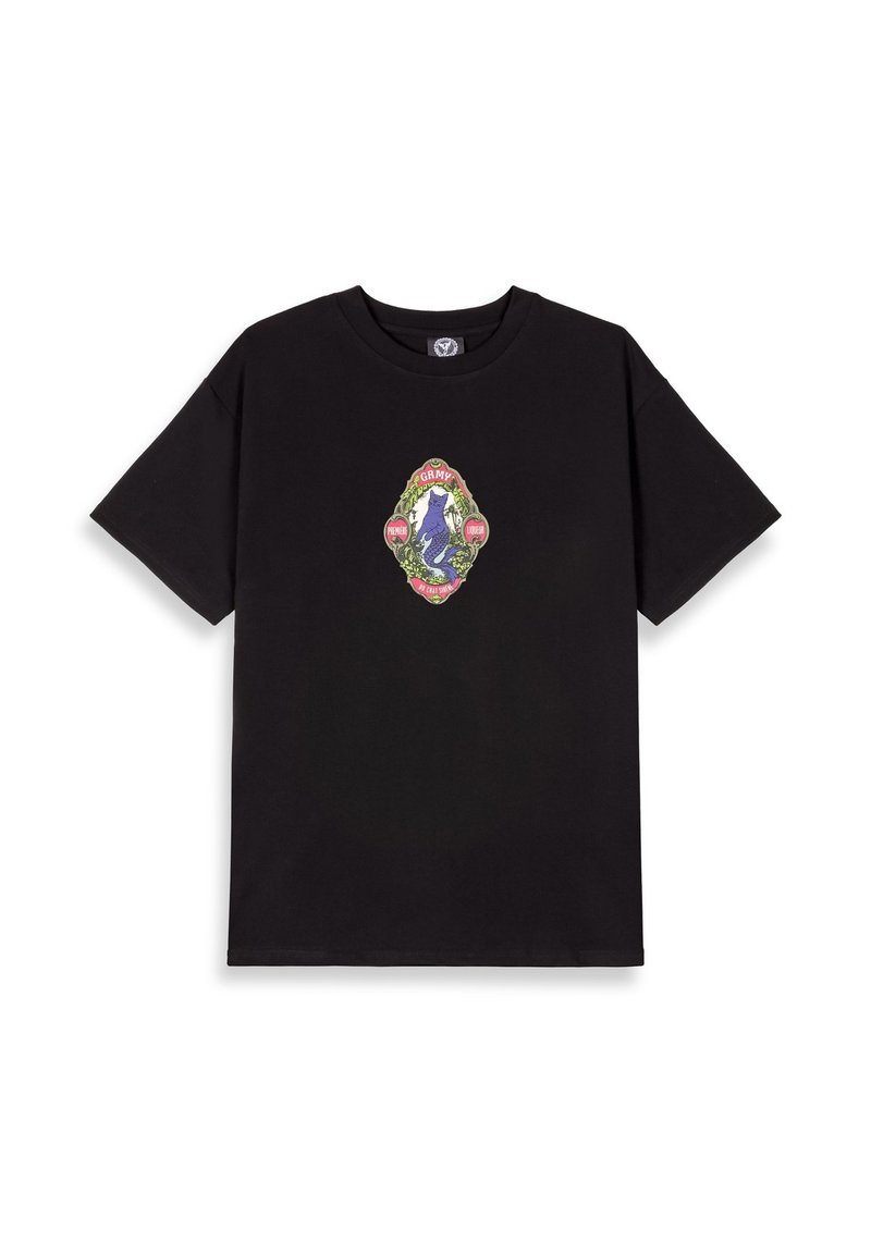 Camiseta de algodón negra con un diseño gráfico central que presenta una ilustración detallada y colorida, junto con texto en un estilo contrastante. Mangas cortas.