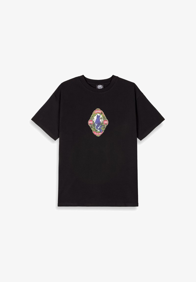 Camiseta de algodón negra con un diseño gráfico central que presenta una ilustración detallada y colorida, junto con texto en un estilo contrastante. Mangas cortas.