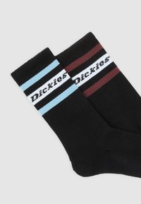 Calze nere con una fascia a strisce blu e nera su una e una fascia a strisce bordeaux e nera sull'altra, con il logo "Dickies" in bianco.