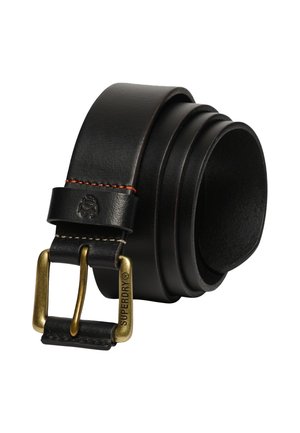 Cintura in pelle nera arrotolata, con fibbia in ottone incisa con "SUPERDRY®" e cuciture a contrasto arancioni e bianche vicino alla fibbia.