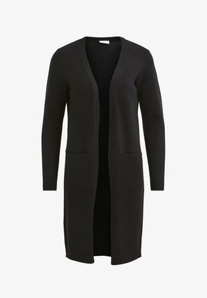 Cardigan noir en maille douce, avec un design long, une ouverture sur le devant, deux poches à l'avant et des poignets côtelés.