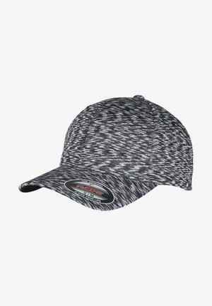 Black and gray patterned baseball cap with a curved brim, made of flexible fabric. Features a logo patch on the front underside.