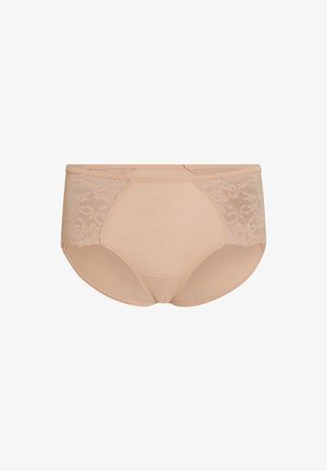 Beige boyshorts met kanten accentueringen aan de zijkanten. Glad materiaal met een zachte textuur, met een hoge tailleband en een volledige bedekking.