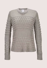 Hellgrauer, gestrickter Pullover mit lockerer, offener Webart, gerippten Bündchen und Rundhalsausschnitt. Verfügt über lange Ärmel und einen lässigen Schnitt.