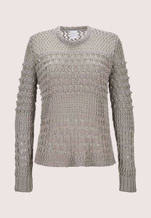 Light grey knitted sweater with a loose, open weave pattern, ribbed cuffs, and crew neckline. Features long sleeves and relaxed fit.