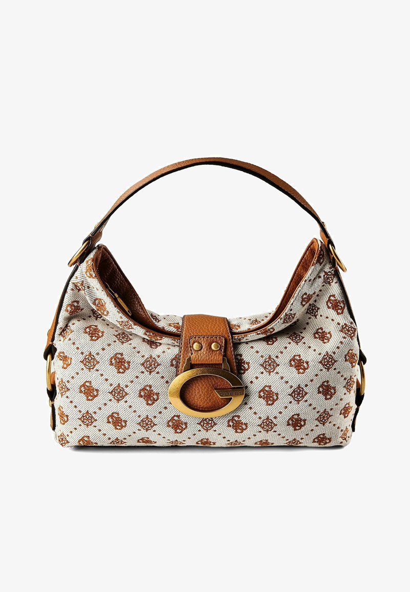 Small white and brown patterned shoulder bag with tan leather strap and gold oval Guess logo buckle on front flap.