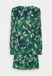 Vihreävalkoinen kukkakuosimekko tummansinisellä pohjalla. Pitkät hihat, röyhelöhalkio, kevyt kangas ja kietaisumalli.