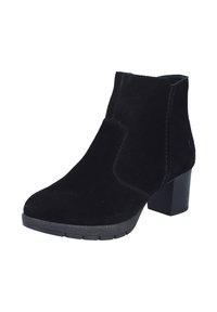 Black suede ankle boot with a block heel, featuring a smooth texture, minimal stitching, and a rounded toe design.