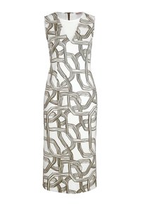 Mouwloze witte jurk met een geometrisch kettingpatroon in zwart en goud, met een V-halslijn en een verborgen rits aan de achterkant.
