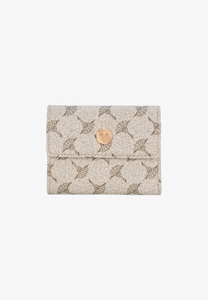 Beige textured wallet with a repeating gray fan-shaped pattern and a round gold button clasp embossed with a palm tree icon.