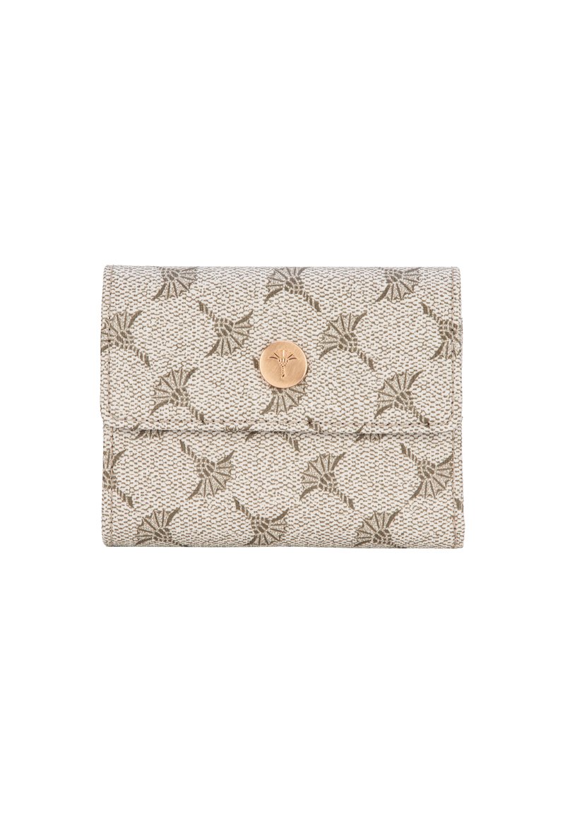 Cartera beige texturada con un patrón en forma de abanico gris repetitivo y un cierre de botón redondo en dorado con un ícono de palmera grabado.
