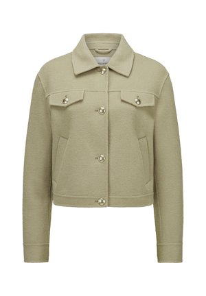 Olivgrüne, taillierte Jacke aus strukturiertem Stoff. Verfügt über einen Kragen, eine vordere Knopfverschluss mit großen Knöpfen und zwei Brusttaschen.