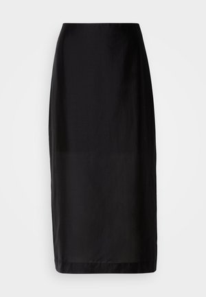 Svarte midi-skjørt med rett design, laget av glatt stoff. Har midjebånd og en kant som går til kneet.