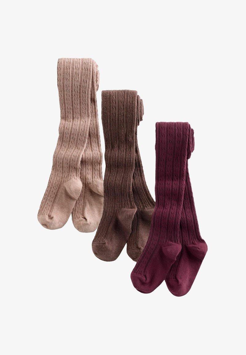 Drei Paare gerippte Strickstrumpfhosen in Beige, Braun und Dunkelburgunder, gefaltet und aufrecht stehend auf weißem Hintergrund.