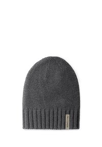 Szara dziana czapka beanie z prążkowanym brzegiem i małą metką z logo po boku. Miękka faktura i prosty design.