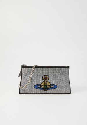 Black clutch bag with silver chain strap, featuring a colorful beaded design of a yellow submarine surrounded by a blue ring.