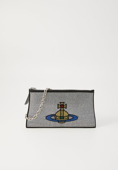 Black clutch bag with silver chain strap, featuring a colorful beaded design of a yellow submarine surrounded by a blue ring.