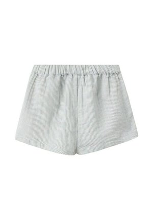 Svetlosivé a biele vertikálne pruhované elastické šortky s voľným strihom a dĺžkou po kolená.