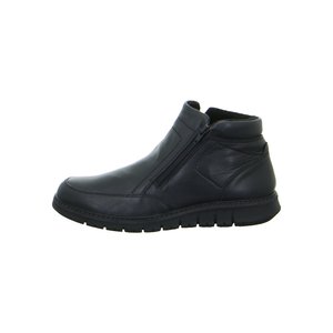 Black leather ankle boot with side zipper, cushioned collar, and thick rubber sole designed for comfort and casual wear.