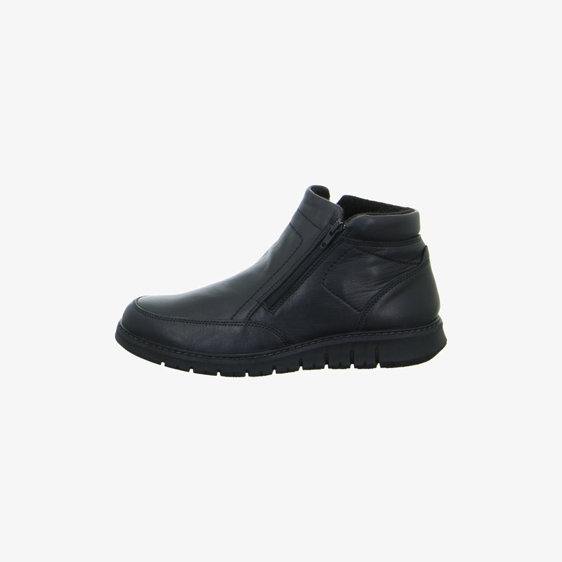 Black leather ankle boot with side zipper, cushioned collar, and thick rubber sole designed for comfort and casual wear.