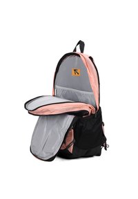 Zaino con tessuto rosa e dettagli neri, dotato di un grande scomparto grigio, tasche laterali in rete e un logo sull'interno.