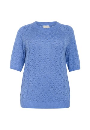 Suéter de punto azul claro con mangas cortas, patrón de rombos, cuello y dobladillo de canalé, con un ajuste relajado.