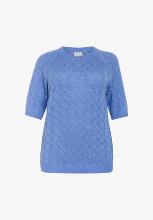 Pull en tricot bleu clair avec des manches courtes, motif en losange, encolure et ourlet côtelés, offrant une coupe décontractée.