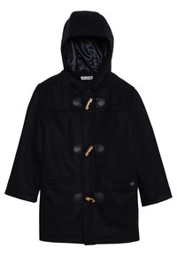 Cappotto di lana blu navy con cappuccio, chiusure a moschettone, due tasche frontali e fodera interna in satin. Presenta un'etichetta all'interno.