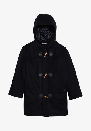 Navy blue wool coat with a hood, toggle fastenings, two front pockets, and a satin inner lining. Features a label on the inside.