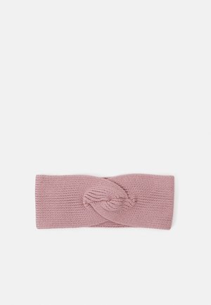 Strickhaarband in sanftem Rosa, mit einem verdrehten Design an der Vorderseite. Glatte Textur mit einem breiten, elastischen Band für zusätzlichen Komfort.