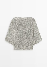 Gray and white marled knit sweater with wide three-quarter bell sleeves and a straight hem, shown from the back on a plain background.