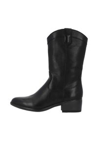 Czarny skórzany botek za kostkę z zaokrąglonym noskiem, obcasem warstwowym i subtelnym przeszyciem. Gładka faktura, bez widocznych elementów metalowych czy zdobień.